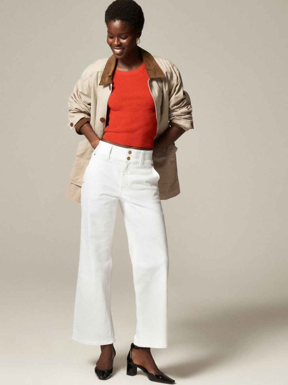 NWT J.Crew 24 slim-wide jean with stacked buttons in white denim